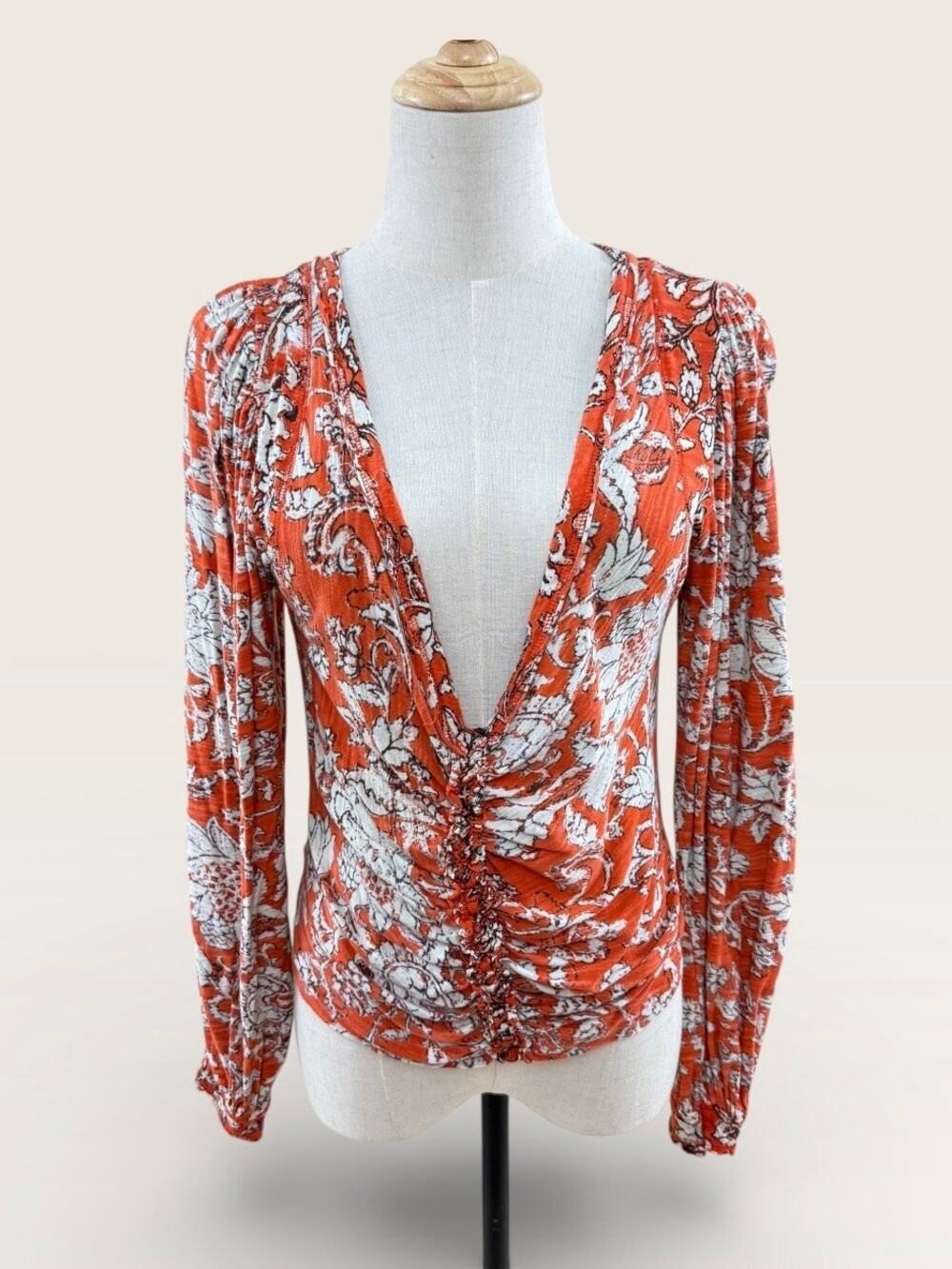 Free People Say the Word Deep V Orange Floral Long Sleeve Top, Size Medium